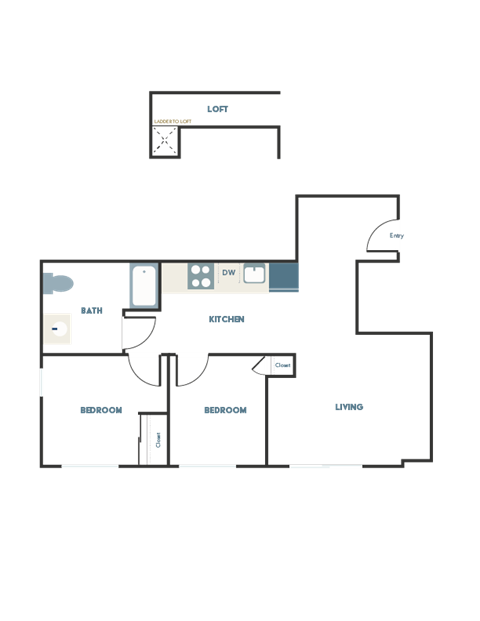 Floor plan for 2 beds, 1 bath, 615 sqft